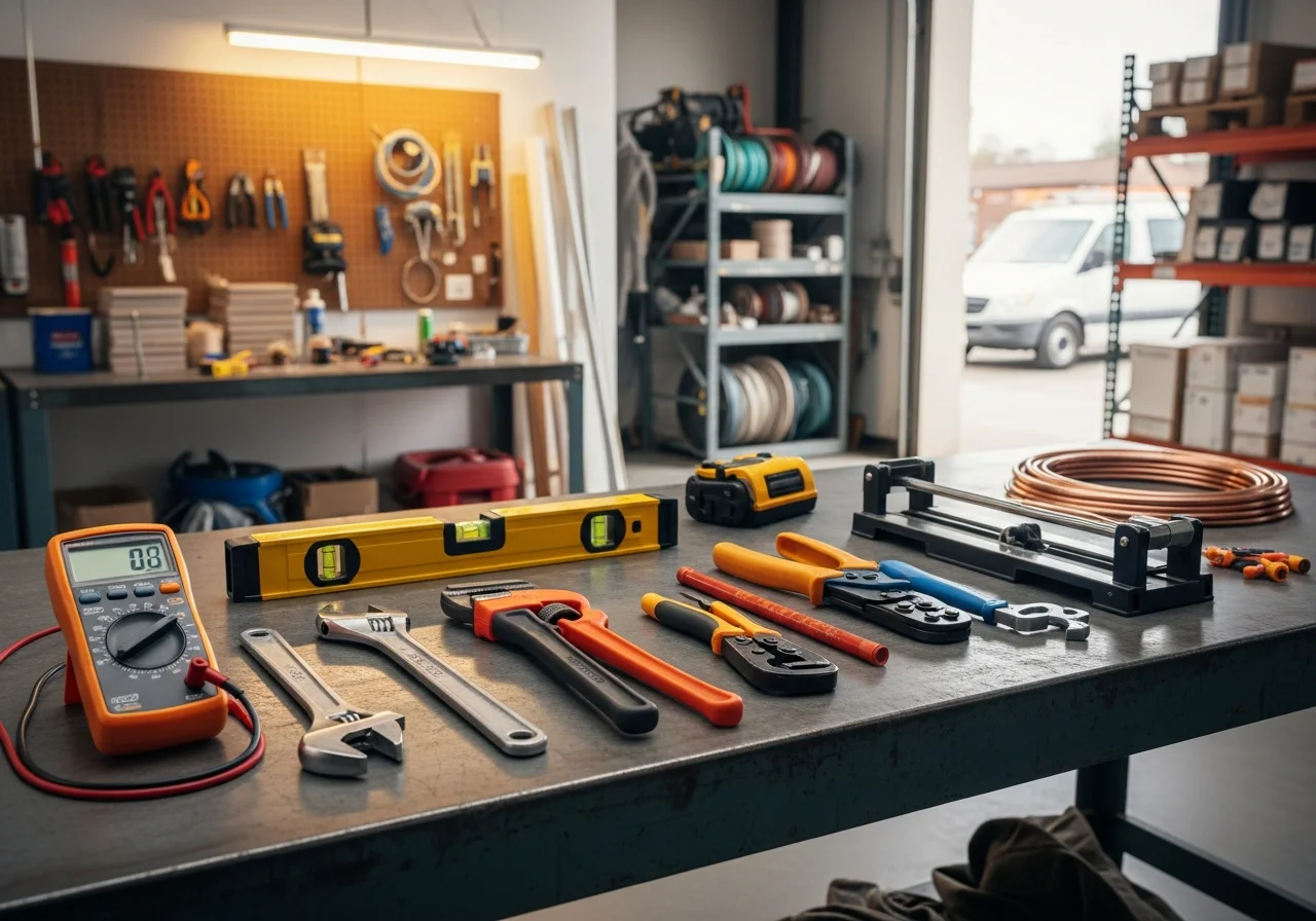 Contractor tools and equipment arranged on a work surface, representing the trades offered: HVAC, plumbing, electrical, and tile installation.
