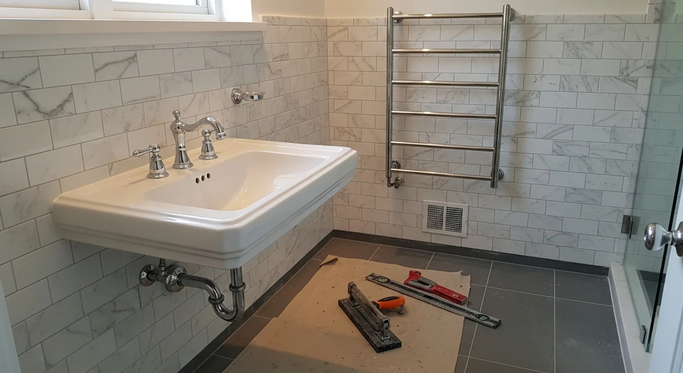 Renovated bathroom with new tile flooring and updated fixtures