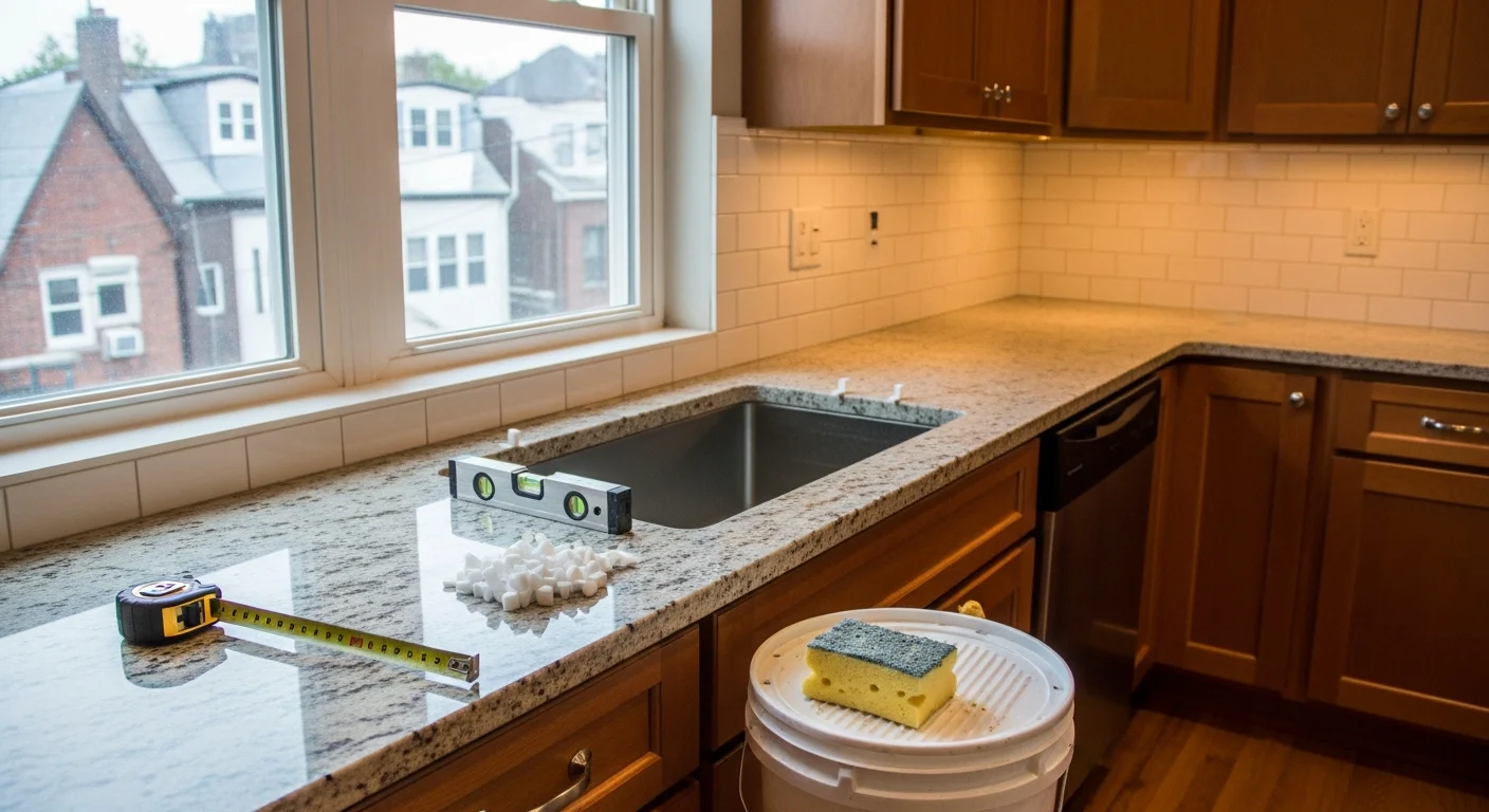 Modern kitchen with new cabinetry, countertops, and tile backsplash