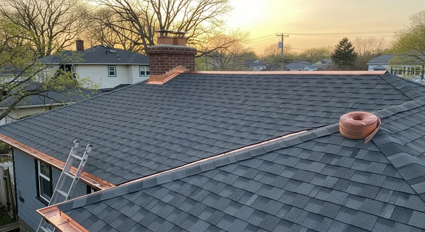 Residential roof with new shingles and proper flashing installation