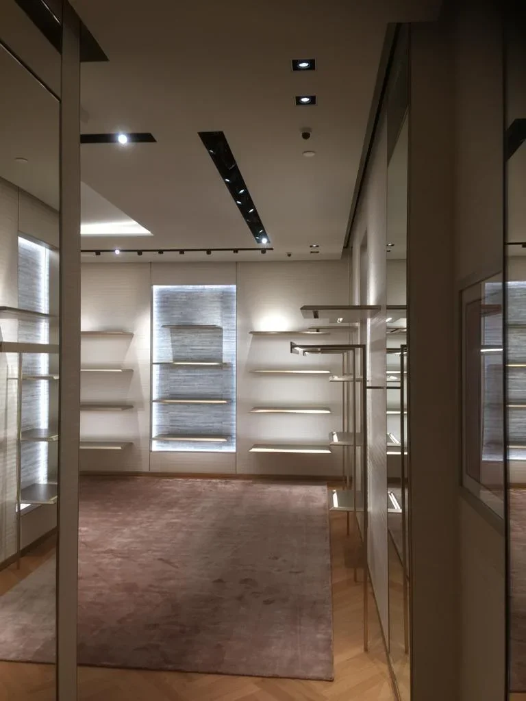 Modern retail showroom with integrated HVAC ceiling vents and climate control system