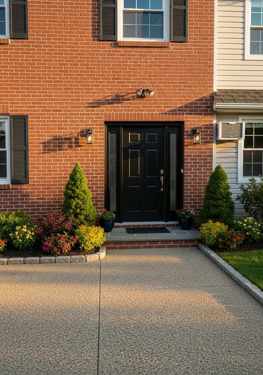 Close-up of a Bayside home's entrance with updated exterior details and manicured front yard.