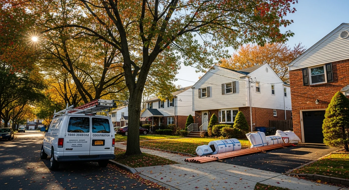 Tree-lined residential street in Bayside with well-maintained single-family homes and mature landscaping.
