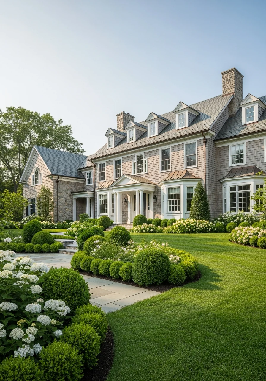 Detail of a Greenwich home's exterior showing quality finishes and well-maintained landscaping.