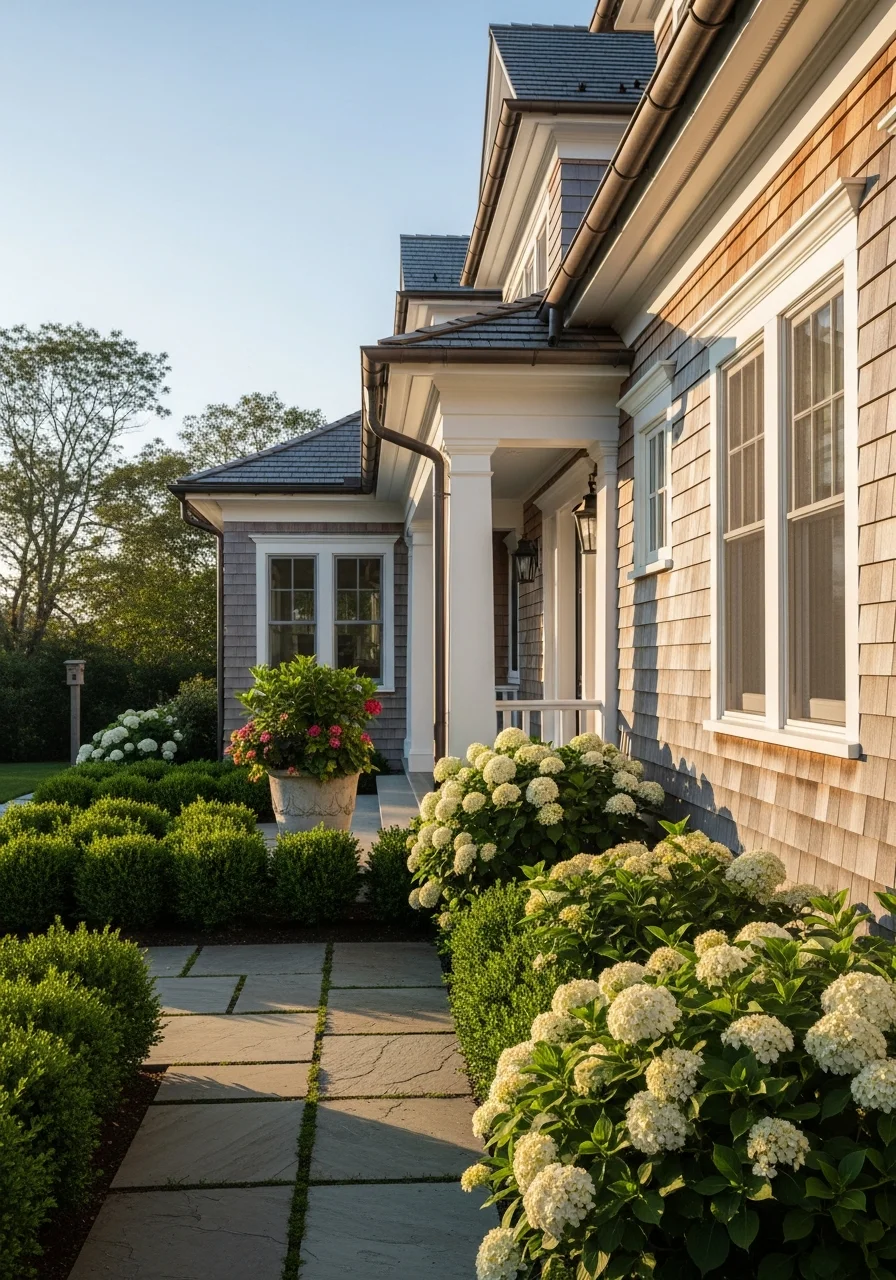 Detail of a Hamptons home's exterior showing quality finishes and well-maintained grounds.