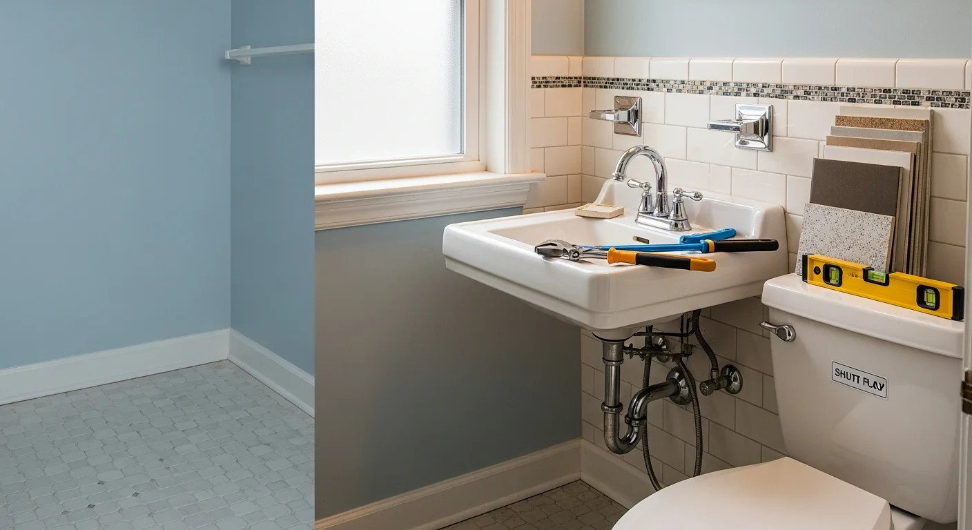 A newly installed toilet and wall-mount faucet in a Bayside Queens bathroom with fresh supply line connections and clean floor tile. The fixture replacement is complete with no visible gaps at the base or wall connection points.