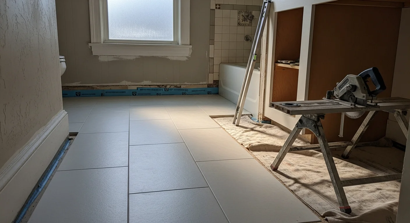 Newly installed porcelain tile bathroom floor in a Bayside, Queens single-family home, with clean grout lines running wall to wall around a white pedestal toilet and vanity base. The finished floor shows a flat, level surface with precise cuts at each fixture in a mid-century colonial-style bathroom.