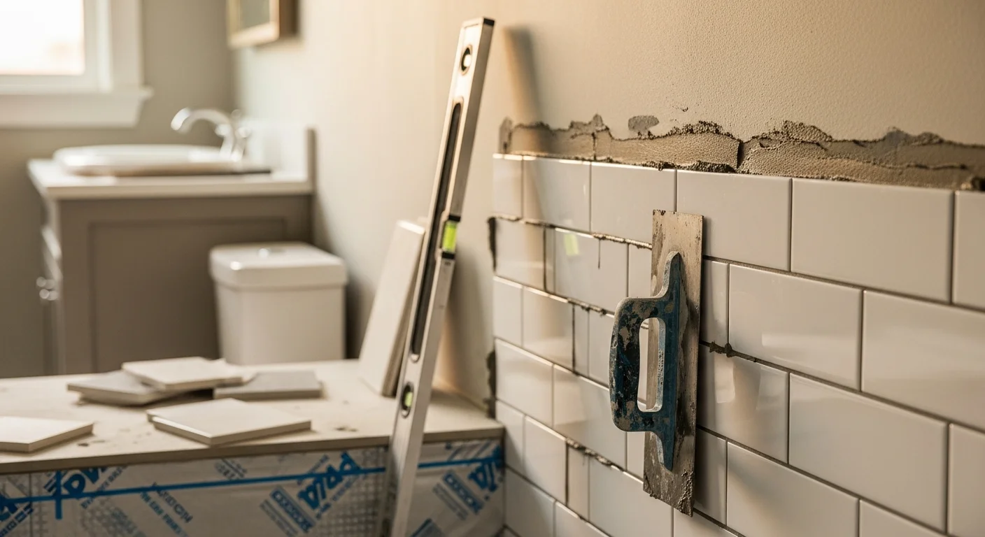Freshly installed floor and wall tile in a Bayside bathroom, showing straight grout lines on a tiled shower surround inside a single-family home. Clean porcelain tile covers the floor and walls with consistent joint spacing throughout the space.