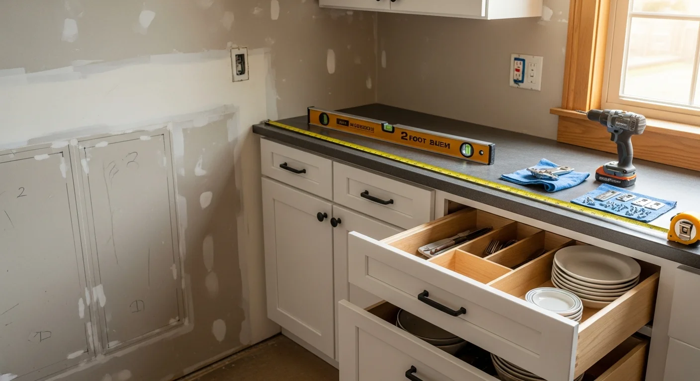 Newly installed white shaker kitchen cabinets with brushed hardware in a Bayside home kitchen. Upper and lower cabinet runs are set flush against freshly prepped walls with open countertop space ready for installation.