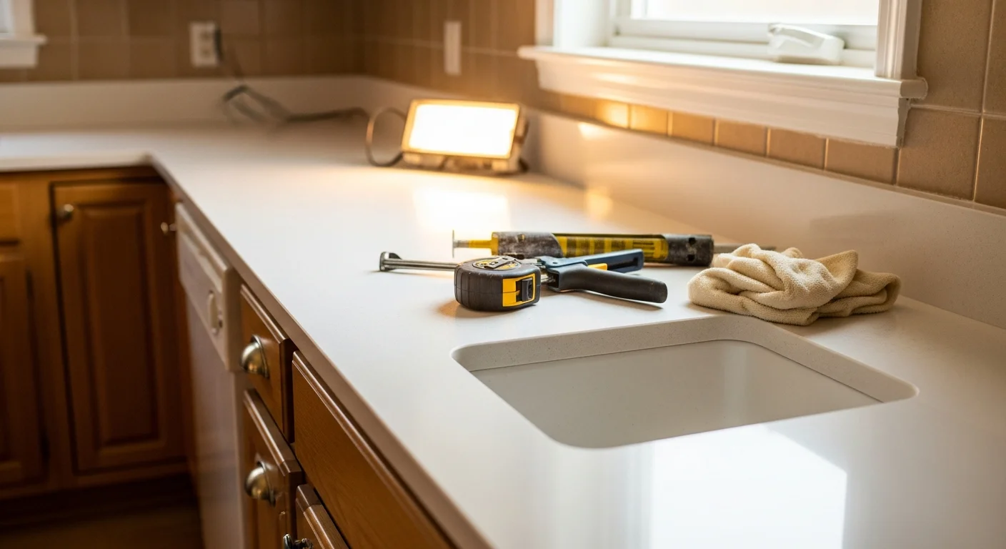 Newly installed kitchen countertop in a Bayside, Queens home, showing a clean surface with a fitted undermount sink and sealed edges. The kitchen features a compact layout typical of mid-century single-family homes in the Bayside area of Queens.