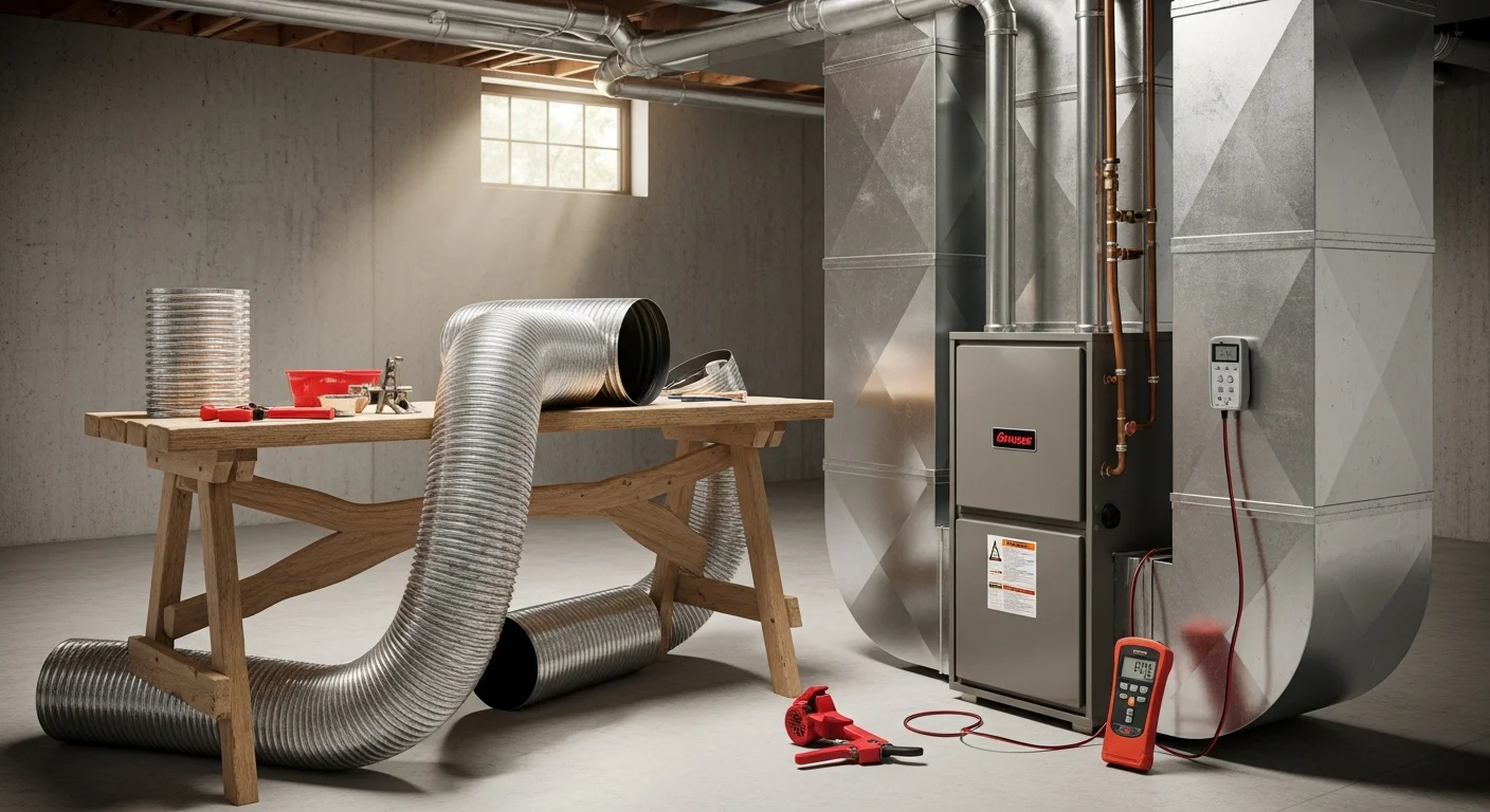 A licensed HVAC technician inspecting and sealing sheet metal ductwork in the basement of a single-family home in Bayside, Queens. Supply and return ducts run along the ceiling joists, with insulation wrap visible on the main trunk line.