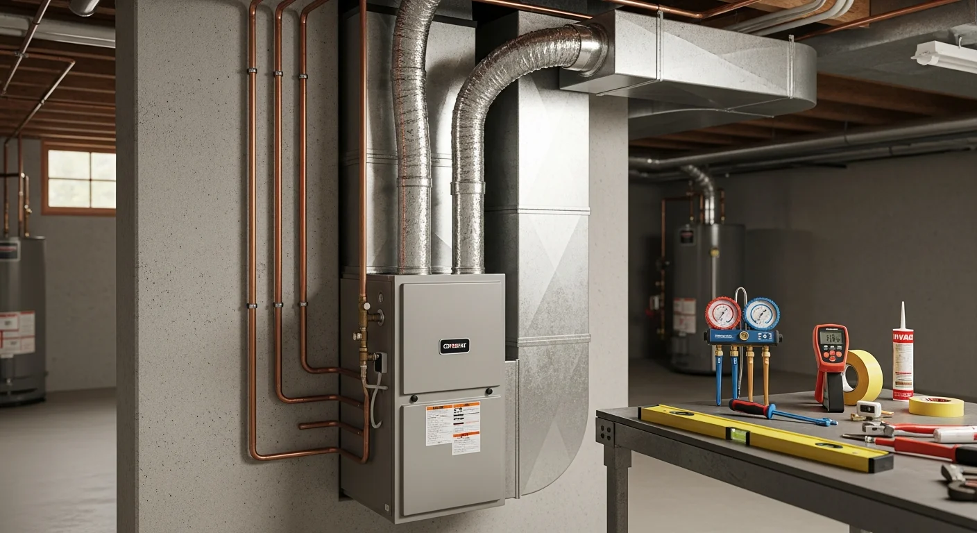 A newly installed HVAC system with an outdoor condenser unit placed beside a single-family home in Bayside, Queens. Interior ductwork connections and a wall-mounted thermostat are visible in the background of the finished installation.