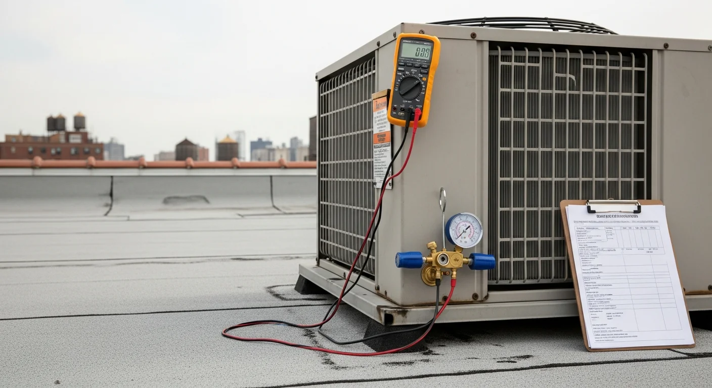 A commercial HVAC technician inspecting a rooftop air handling unit on a corporate building in Bayside, Queens. The technician checks condenser coils and electrical connections during a scheduled maintenance visit.