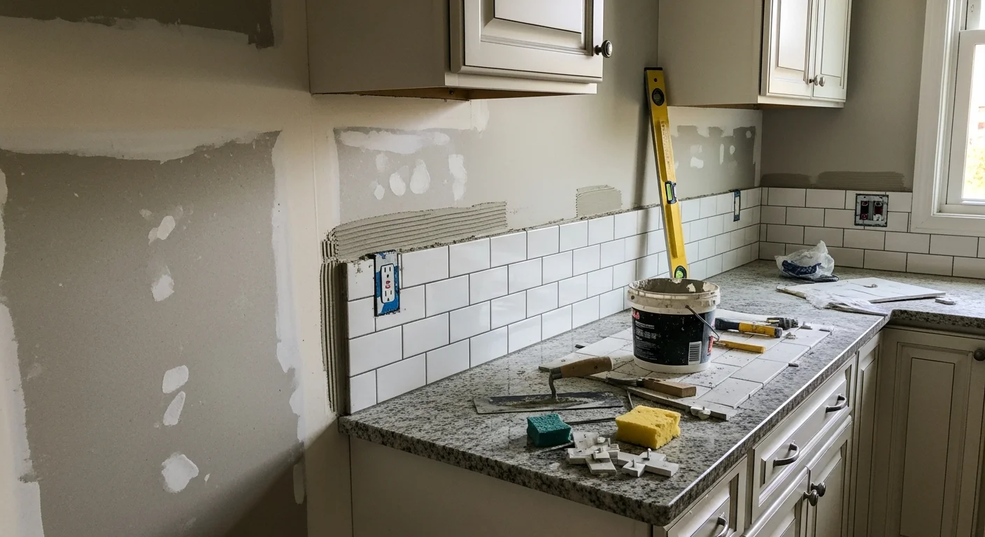 Freshly installed tile kitchen backsplash in a Bayside, Queens colonial home, showing clean grout lines and level tile runs from countertop to upper cabinet. The backsplash surrounds the range area and coordinates with the existing cabinetry and countertop finish.