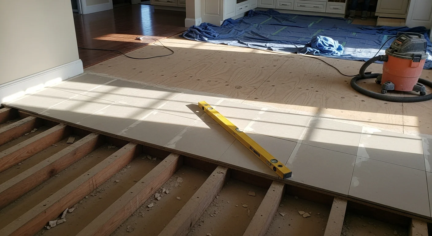 Newly installed kitchen floor in a Bayside, Queens single-family home, showing clean tile work with flush transition strips at the doorway threshold. The subfloor is fully prepped and the surface is level with no visible grout gaps or seam lifting.