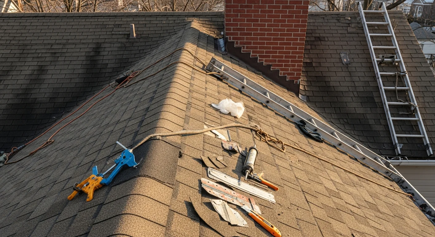 A roofing contractor inspecting damaged flashing and shingles on a residential roof in Bayside, Queens. Close-up view shows water intrusion points being assessed near a chimney transition on a sloped roof.