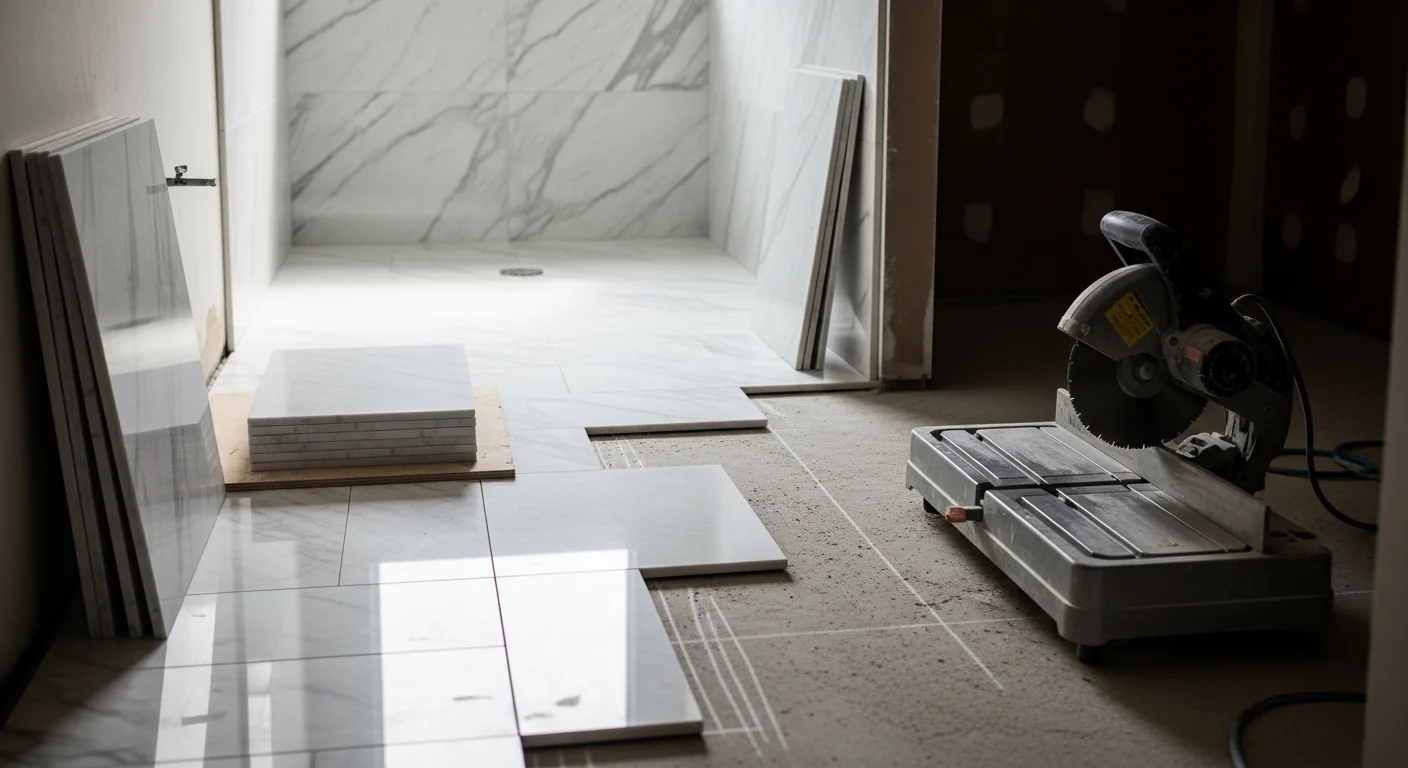 Finished marble bathroom floor and shower wall installation in a Bayside, Queens home, showing tight grout joints and a sealed stone surface. The bathroom features a compact layout typical of mid-century single-family homes in the Bayside neighborhood.