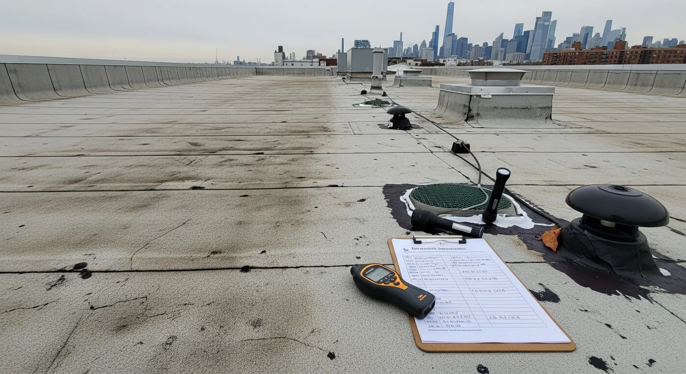 A roofing contractor from Mocka General Contractor Corp inspecting the flat roof surface and drainage outlets of a commercial property in Bayside, Queens. The inspector documents flashing condition and membrane wear on a clear day with the surrounding Queens neighborhood visible in the background.