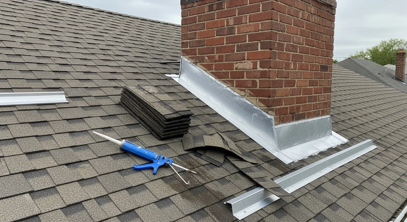A roofing contractor repairing damaged shingles and flashing on a residential pitched roof in Bayside, Queens, NY. Close-up view shows fresh sealant applied around a chimney base with a residential street visible in the background.