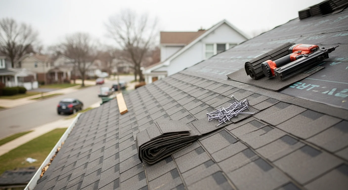 A completed roof replacement on a postwar Cape Cod-style home in Bayside, Queens, showing new shingles installed over a clean deck with finished ridge and drip edge details. Street-level view with the residential neighborhood visible in the background.