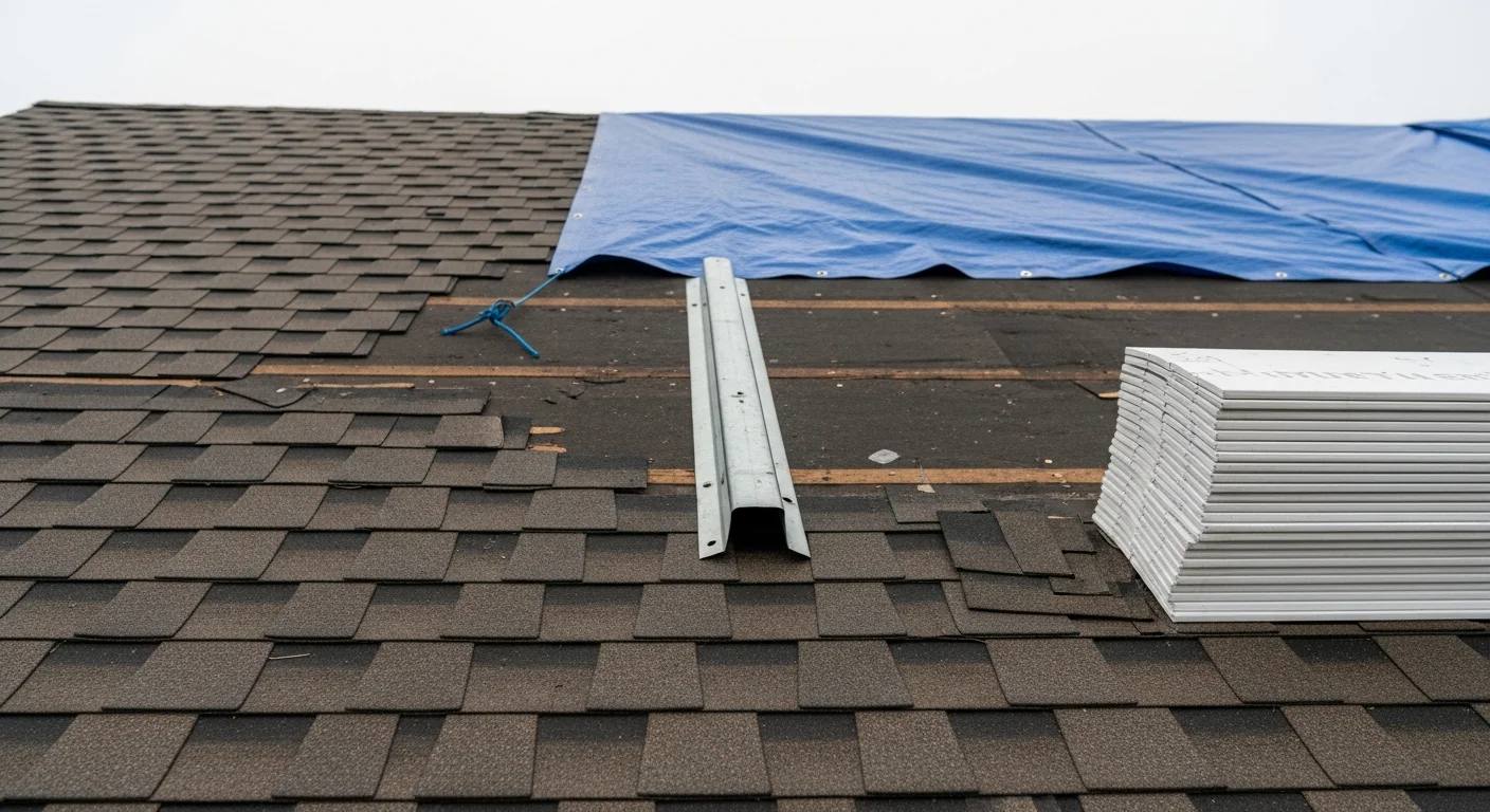 A Bayside, Queens residential roof with storm-damaged shingles being inspected and repaired by a roofing contractor from Mocka General Contractor Corp. Close-up view shows replaced shingles and sealed flashing on a pitched roof after severe weather.