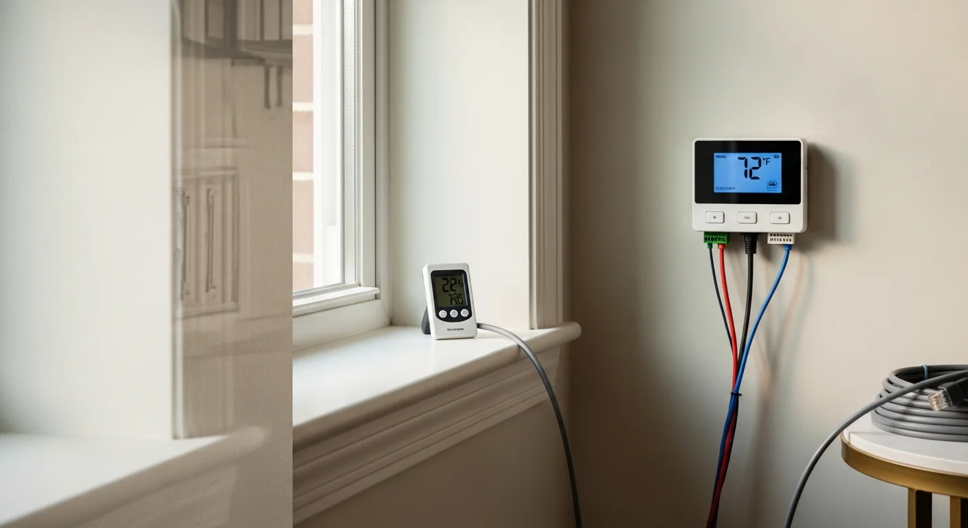 A licensed HVAC technician installing a new programmable thermostat on an interior wall of a Bayside, Queens residential property. The wall-mounted unit is connected and ready for configuration, with the existing HVAC system visible in the background.